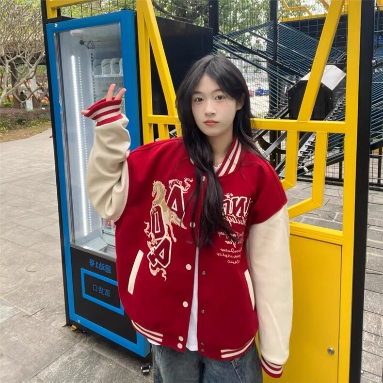 美式高街重工刺绣马年夹克棒球服女2026夹棉加厚宽松情侣红色外套,男装夹克,星座715-4