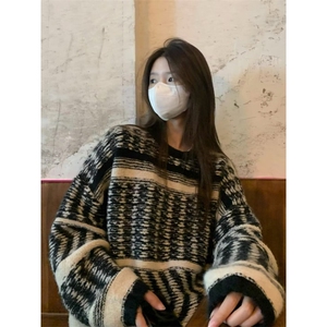 复古百搭撞色条纹毛衣男女冬套头季叠穿时髦上衣 MW412图片