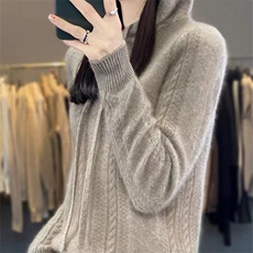 秋冬新款100%纯羊毛衫女纽花纯色连帽卫衣宽松显瘦羊绒针织打底衫，女装针织衫/毛衣，萱芳婷羊绒
