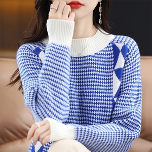时尚百搭女羊毛衫羊毛圆领长袖毛衣舒适保暖显瘦针织衫图片