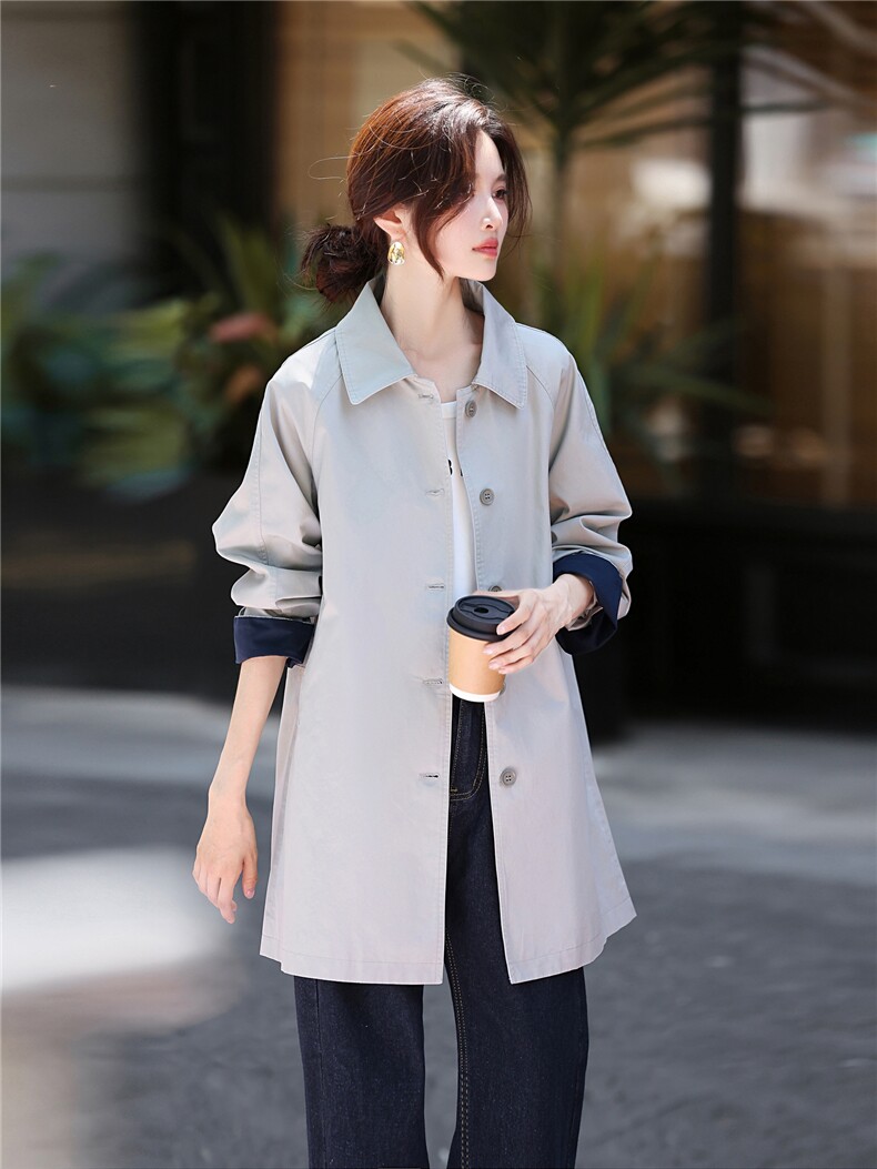 全棉中长款风衣女2025年秋季常规单排扣宽松风衣外套女,女装风衣,鑫源服饰