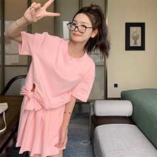 粉色设计感网红卫衣套装女夏季新款小个子学院风减龄百褶裙两件套，女装套装/套裙，2C052