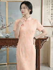 春夏季新款设计简约时尚气质修身显瘦喜庆中长款婚礼旗袍连衣裙，女装汉服/婚纱/旗袍/礼服，媚琳依坊