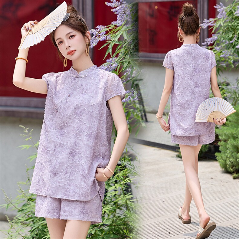 新中式短裤套装女夏季高级感复古刺绣时尚洋气两件套，女装套装/套裙，韩宇舍