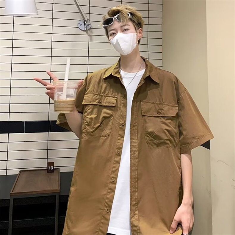 2023港风文艺衬衫男夏季宽松潮流五分袖衬衣复古百搭,男装衬衫,星座716-3