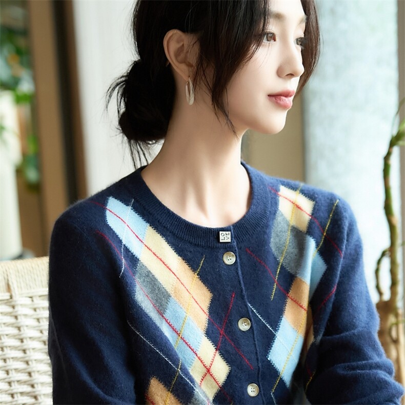 法式100%纯羊毛针织开衫女2025秋冬新菱形格百搭毛衣小外套上衣,女装羊毛衫,暖烁羊绒