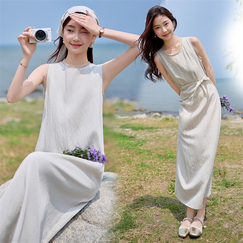 100%亚麻定制款肌理感网格布时尚文艺休闲显瘦无袖连衣裙，女装连衣裙，难舍钰依