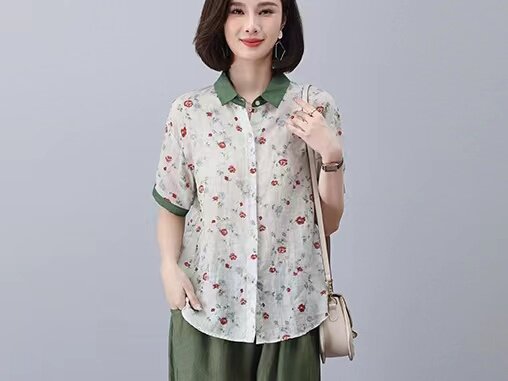 高端苎麻碎花套装纯亚麻上衣女装2025年新款夏季妈妈装棉麻两件套,女装套装/套裙,凝聚力