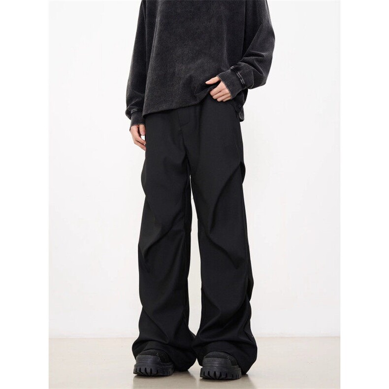 网图现货美式小众褶皱微喇休闲裤直筒黑色西裤男914-4-K333-P55，男装休闲裤，星座914-4