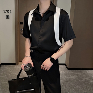 夏季网红痞帅冰凉透气拼接设计短袖衬衫男醋酸衬衣CS815-P65控85图片
