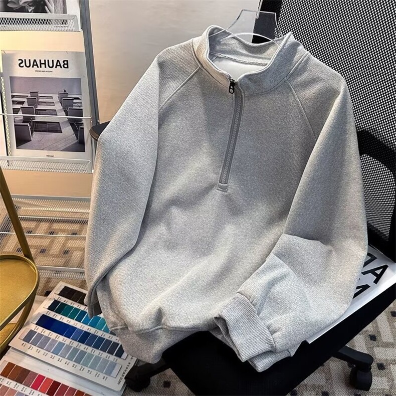 秋冬百搭宽松长袖内搭加厚半拉链休闲卫衣男纯色简约立领上衣，男装卫衣，星座601-1
