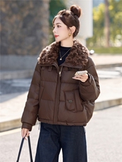 蛋白皮羽绒服女短款2025冬季加厚毛领宽松显瘦pu皮衣短外套百搭女，女装羽绒服，意芙