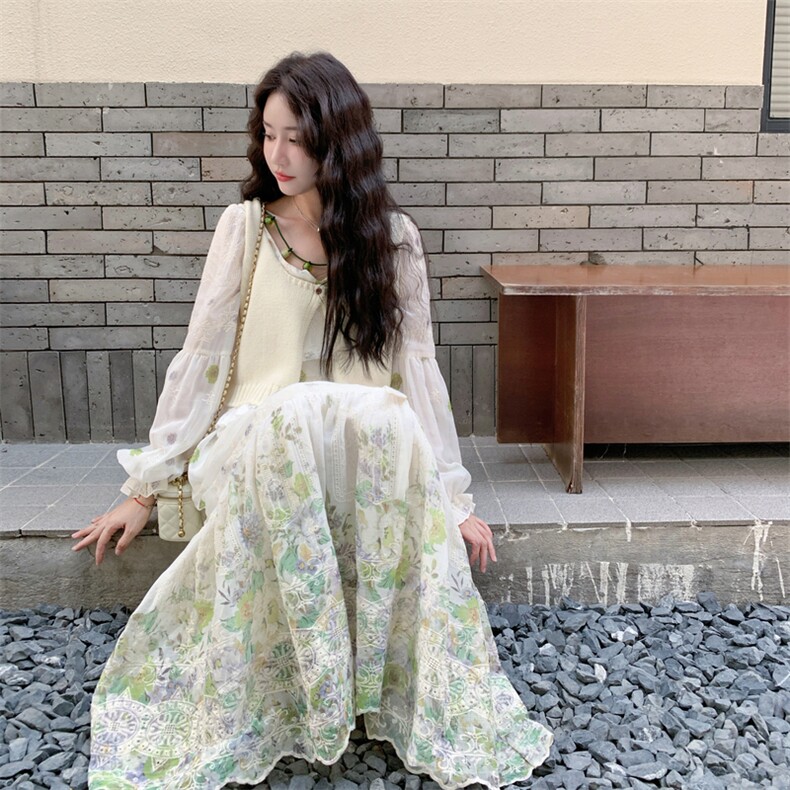 26春新款现-度假风拼接兰花针织开衫连衣裙套装2629-P200K328,女装套装/套裙,2B190