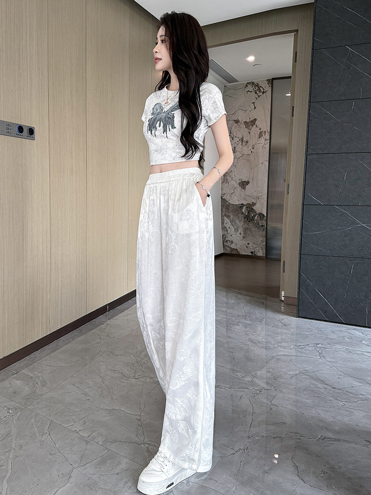 水衣源2247款夏季新款缎面提花垂感凉爽阔腿裤女显瘦中式长裤,商品下架区,水衣源