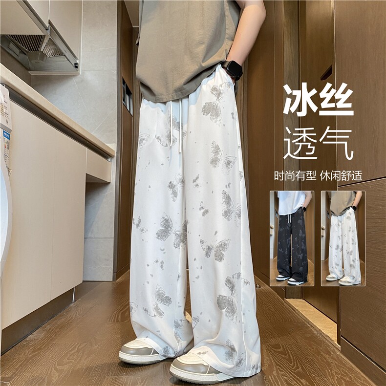 抖音品质夏季新款蝴蝶印花宽松冰丝休闲裤B315-K25553-特p30控58,男装休闲裤,电商B315
