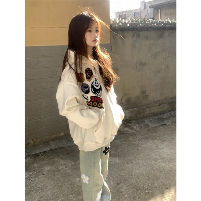 原创美式刺绣植绒徽章加绒连帽卫衣男女宽松加厚高街上衣W1040,男装卫衣,星座1116A（原606A-3）