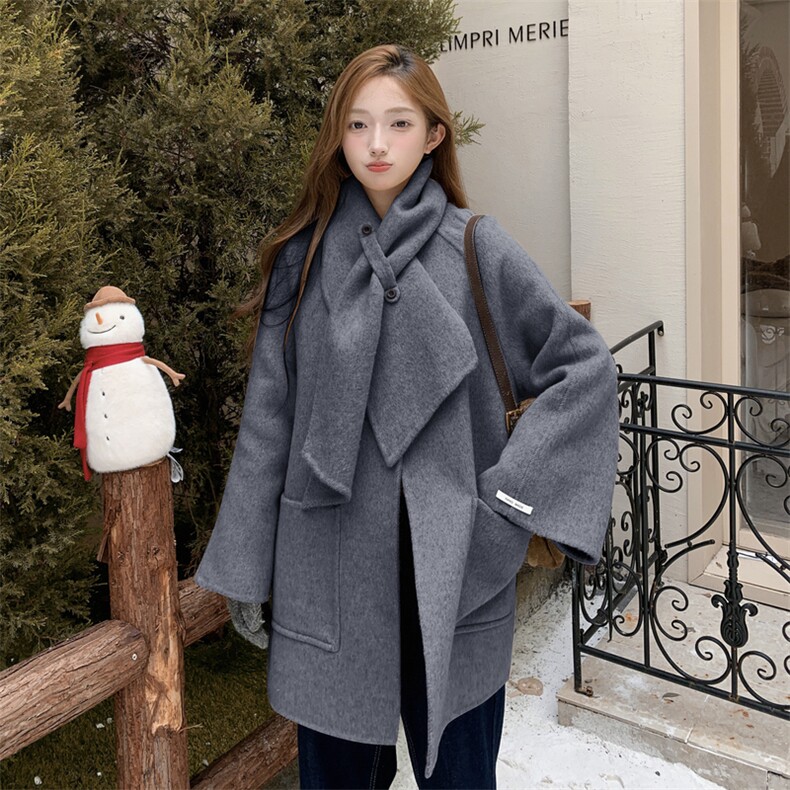 甜美风配围巾双面呢羊毛外套女2025入冬新款小个子气质设计感大衣,女装毛呢外套,2C009