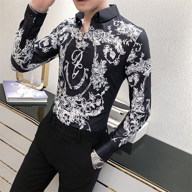 2021春秋男衬衫英伦长袖上衣印花男装韩版修身四季潮流衬衣H861-P55图片