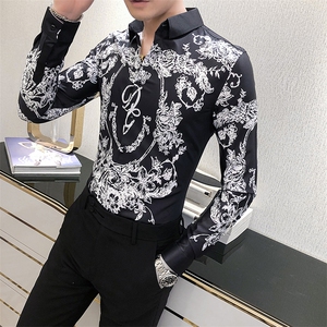 2021春秋男衬衫英伦长袖上衣印花男装韩版修身四季潮流衬衣H861-P55图片