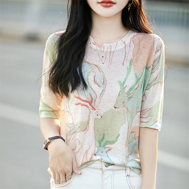 针织短袖T恤女夏季新款圆领印花洋气小衫薄款半袖上衣,女装T恤,恩尚羊绒