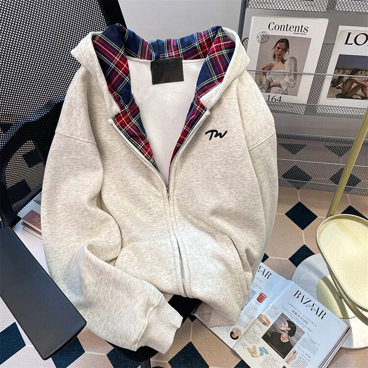 美式格子装饰基础款开衫拉链卫衣外套加绒秋冬连帽上衣WY01P58,女装短外套,星座1013-5
