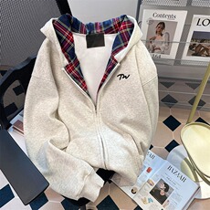 美式格子装饰基础款开衫拉链卫衣外套加绒秋冬连帽上衣WY01P58，女装短外套，星座1013-5