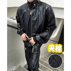 美式机车皮衣男冬潮牌宽松休闲短款夹棉外套W6256-常规70-夹棉82，男装皮衣，星座412-2