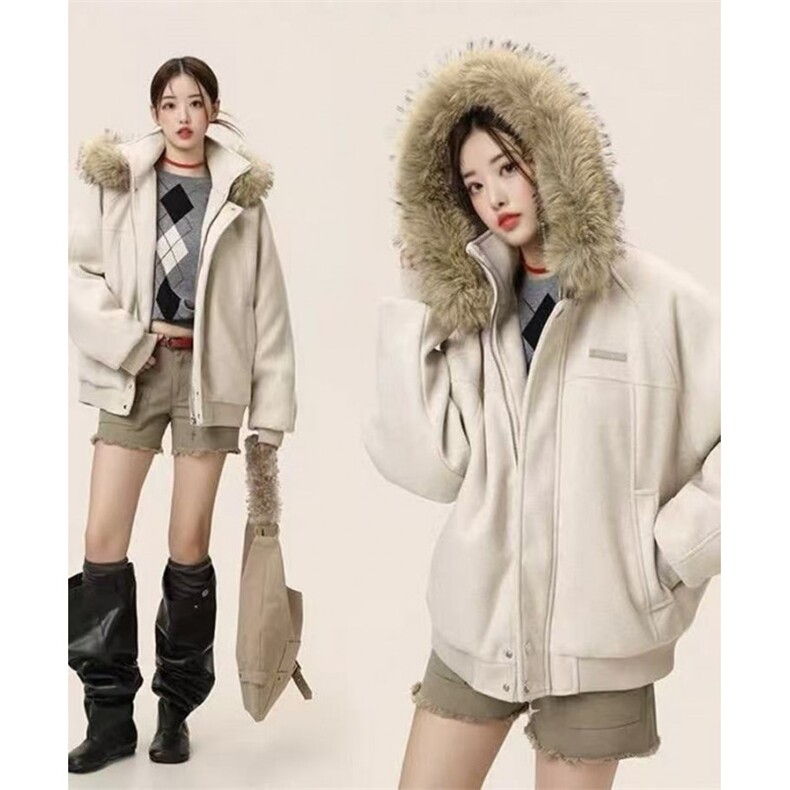 美式复古短款毛领连帽棉服夹棉加厚保暖毛呢情侣棉衣外套NL01P115,男装棉衣,电商D256-1(原A064-1)