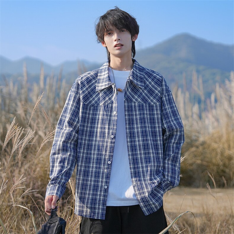 2026春季新款潮流拼接格子长袖衬衫男宽松C6372特P36建议零售价88,男装衬衫,电商A001-1