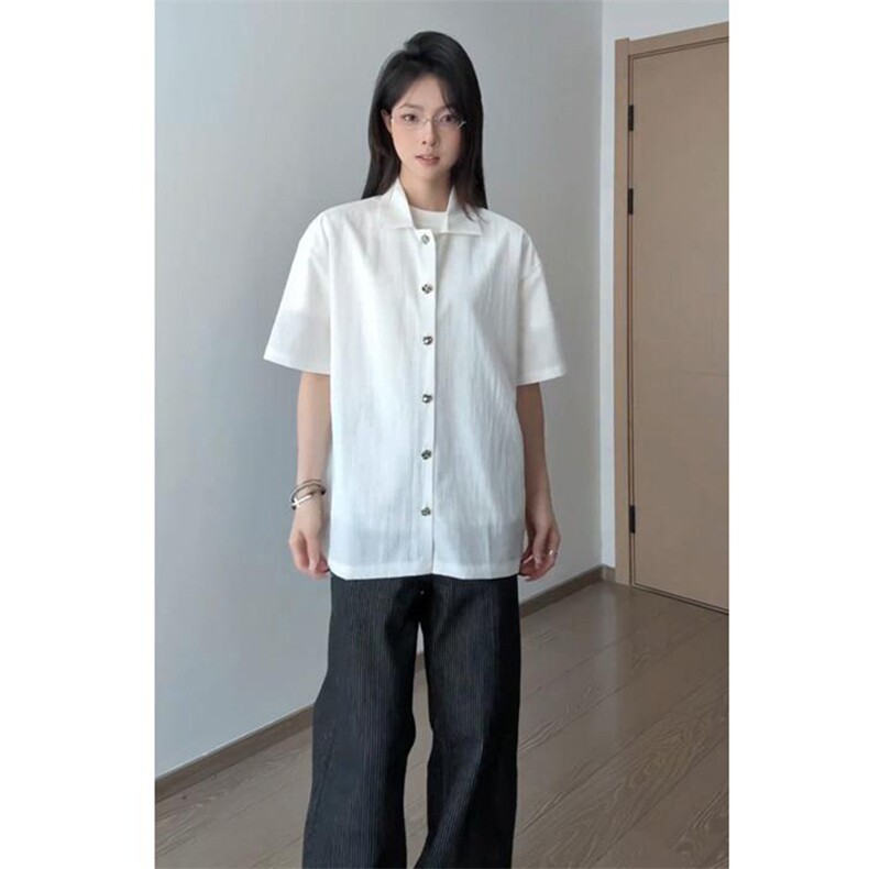 得物抖音品质二开老钱风亚麻冰丝纹短袖衬衫男女休闲美式潮牌衬衣图片