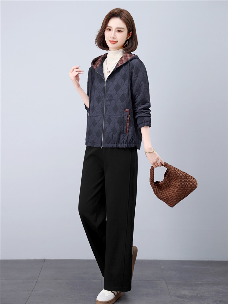 长期现货妈妈春秋早冬夹棉服时尚格子连帽外套短中老年两件套装女,女装套装/套裙,璐依舞