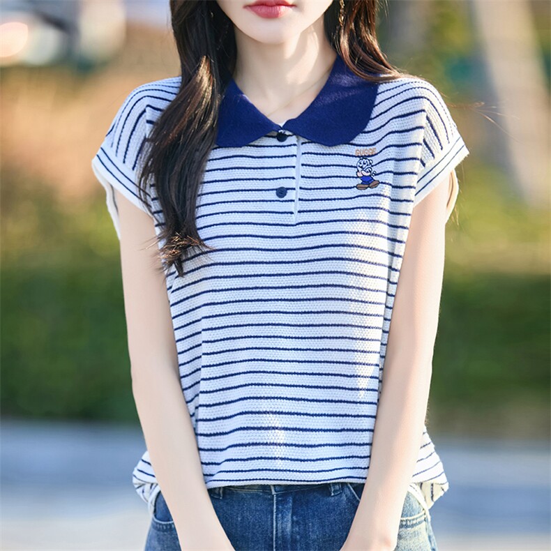 夏季新款精纺羊毛针织短袖女POLO领T恤宽松显瘦条纹撞色打底衫女,女装T恤,端硕羊绒