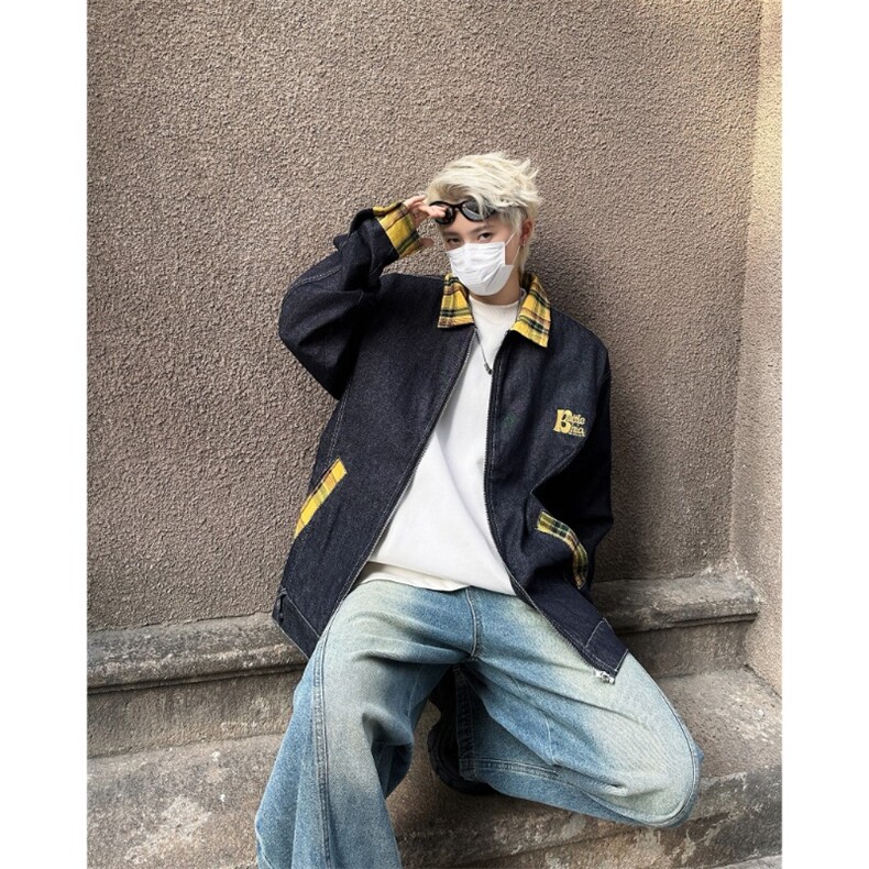 复古红色格子翻领拼接美式工装拉链牛仔夹克欧美高街hiphop外套潮,男装工装外套,星座1210-1