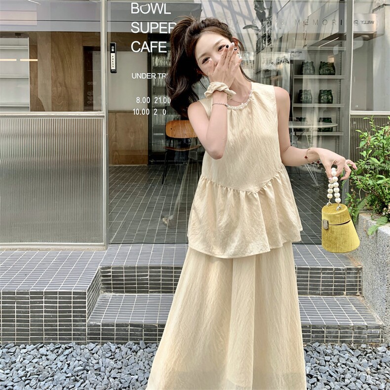 【新品现货】清冷感禅意仿天丝珍珠领背心2件套8811-P125-K175,女装连衣裙,2C317A