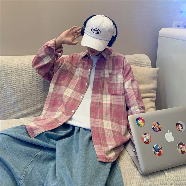 港风格子衬衫男长袖潮牌宽松上衣秋季潮流休闲百搭衬衣C1048-P35图片