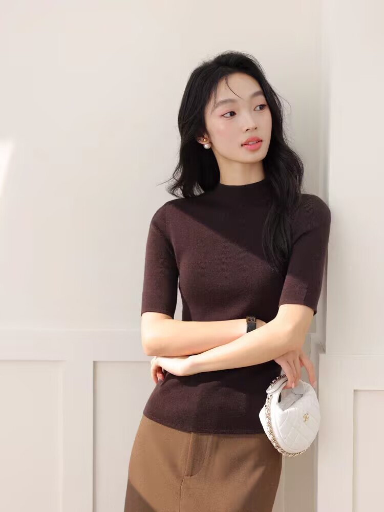 时尚显瘦百搭纯色简约半高领针织短袖,女装T恤,挚尚羊绒