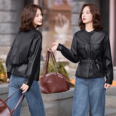 港风机车立领高端皮衣外套女2025春秋季新款休闲系带收腰夹克上衣，女装皮衣，跑量工厂店