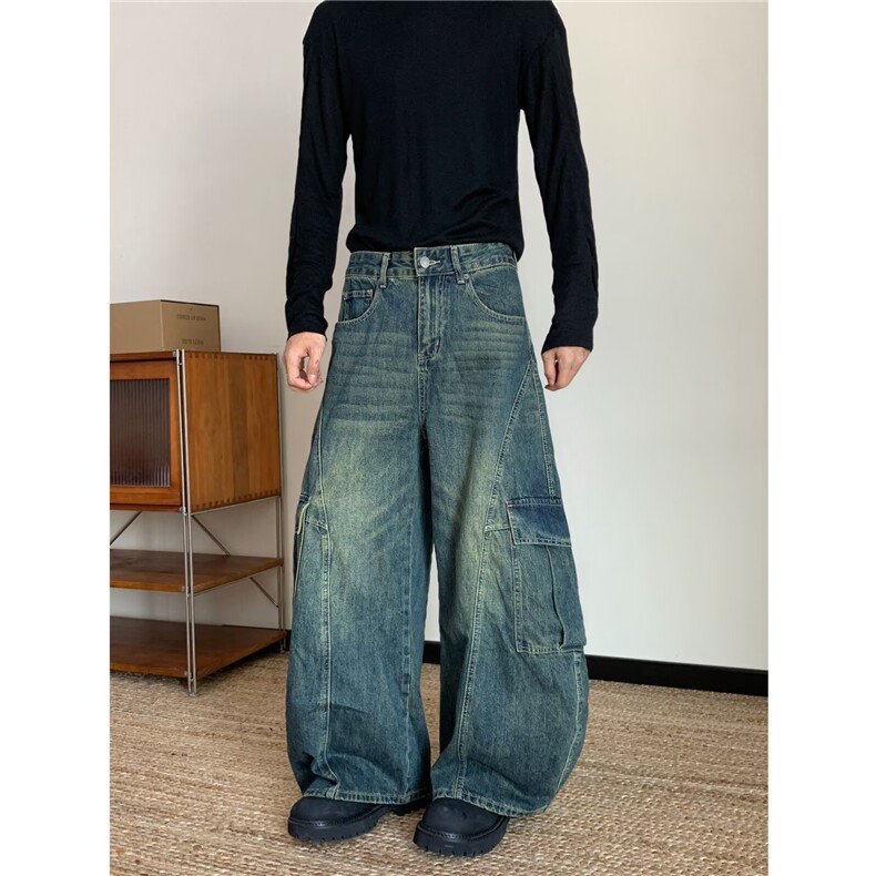 复古做旧水洗牛仔裤大口袋设计感宽松阔腿弯刀长裤男女7871P59，男装牛仔裤，星座410-2