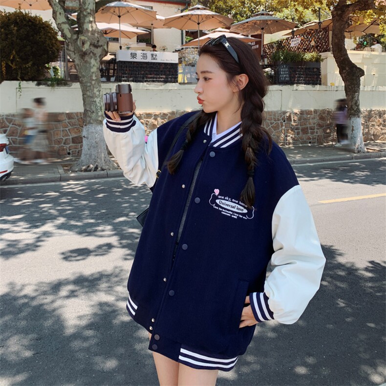 藏青色美式学院风拼接刺绣毛呢外套女秋冬新款小个子韩系棒球服,女装毛呢外套,帛香坊