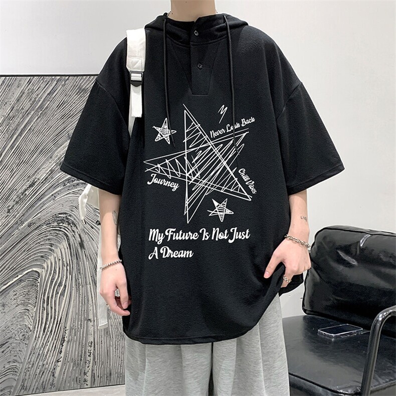 LD54456-P45连帽短袖t恤男大码胖子带帽五分袖中袖,男装T恤,电商A040