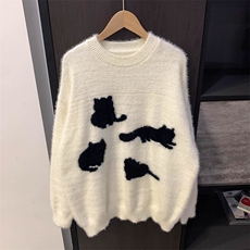 猫咪提花马海毛毛衣秋冬季软糯美式复古高级感针织衫M5225-P50，男装针织衫/毛衣，星座208-5