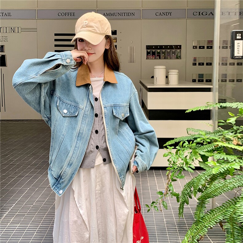浅蓝色复古小个子牛仔外套女2025秋季减龄流行设计感宽松夹克上衣,女装短外套,2C053