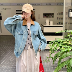 浅蓝色复古小个子牛仔外套女2025秋季减龄流行设计感宽松夹克上衣，女装短外套，2C053