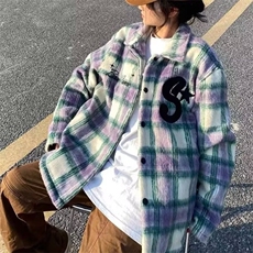 秋冬美式复古长绒格子小香风衬衫毛呢外套男女刺绣宽松夹克潮，男装夹克，星座506A