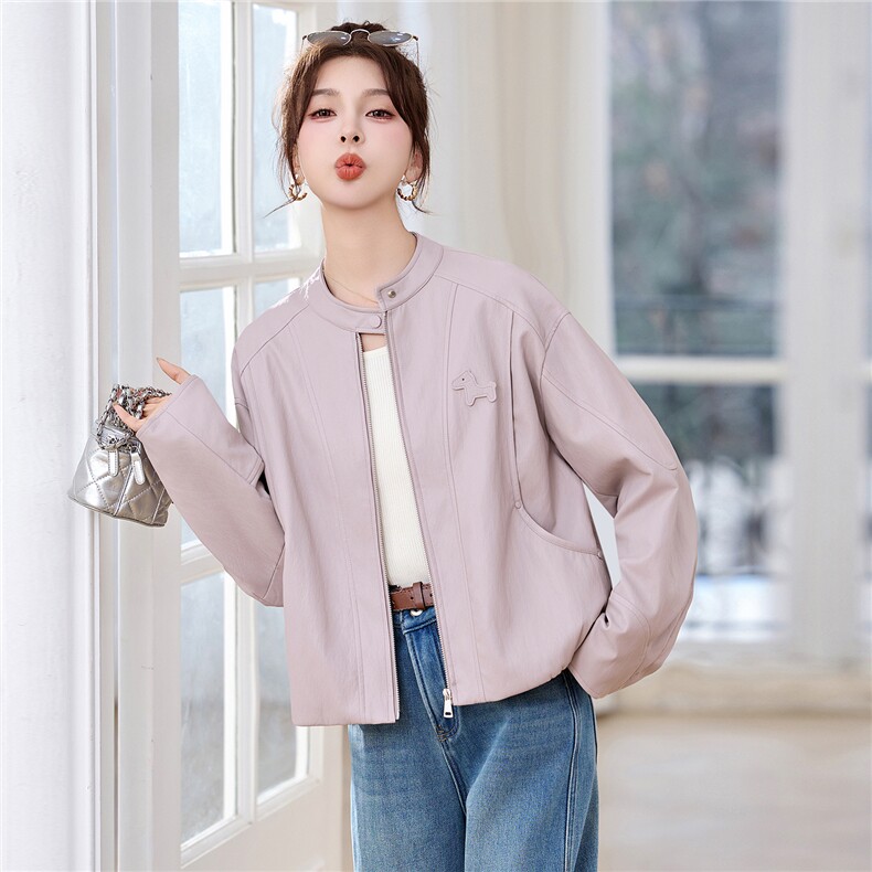 2026春季新款时尚宽松百搭立领夹克超软PU皮衣外套，女装短外套，深水步