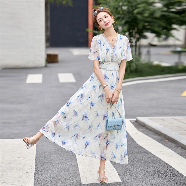 法式印花短袖连衣裙女2025夏季新款收腰显瘦优雅镶钻拼接v领长裙,女装连衣裙,辉煌依升
