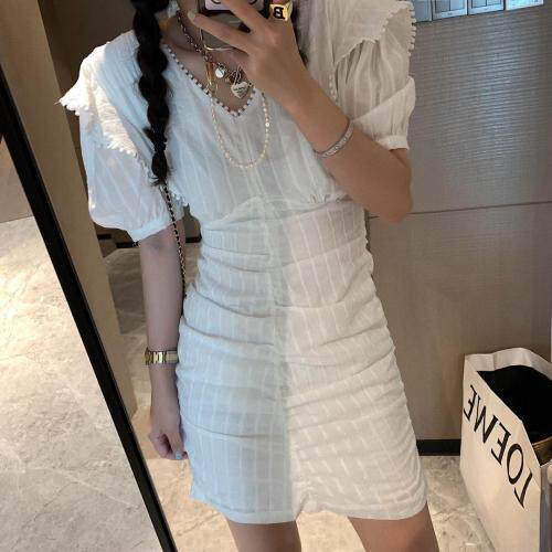 V领泡泡袖连衣裙，女装连衣裙，XTZ style