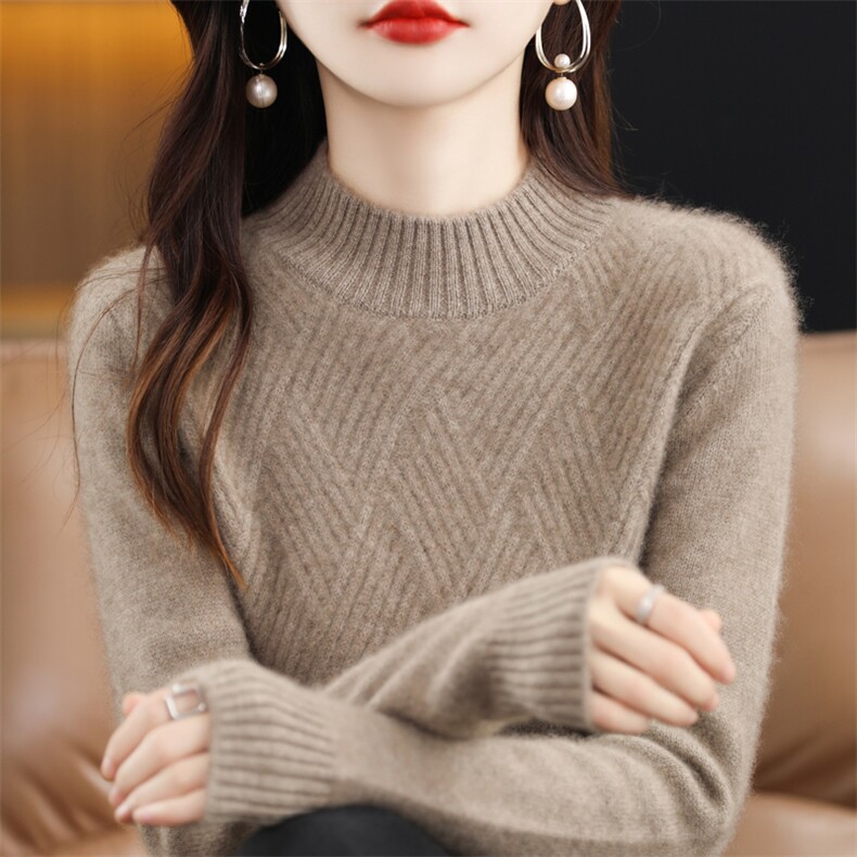 秋冬新款半高领100%羊毛衫女菱形扭花加厚毛衣宽松羊绒针织打底衫,女装羊绒衫,琳华羊绒