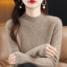 秋冬新款半高领100%羊毛衫女菱形扭花加厚毛衣宽松羊绒针织打底衫，女装羊绒衫，琳华羊绒