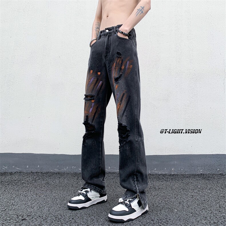 B221美式ins高街暗黑小众拉链喷墨破洞牛仔裤LK23085-P65控88,男装牛仔裤,电商B221